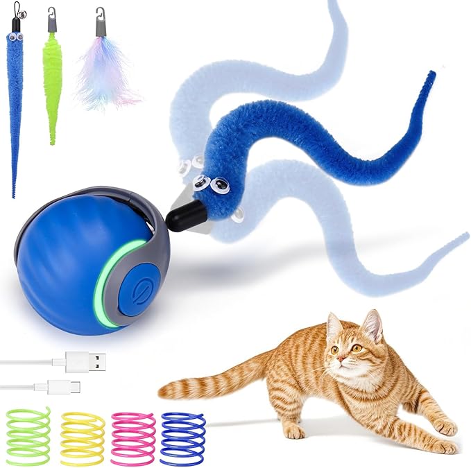 AIERSA Interactive Cat Toys for Indoor Adult Cats, Automatic Self-Play Cat Ball Toy for Kitten to Keep Them Busy, Electric Speed Tail Moving Cat Toy with 3 Tails and 4 Springs (Blue)-PurrikoPets