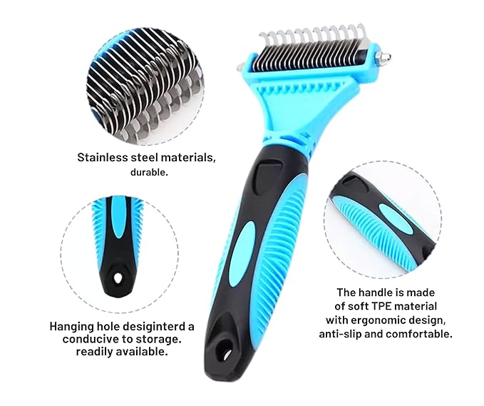 3-in 1 Dog & Cat Grooming Supplies- Self-cleaning Slicker Brush, Deshedding Rake Comb, And Finger Toothbrush For Dogs & Cats | Perfect For Pet Grooming Kit, Dematting And Dental Tool (blue)-PurrikoPets