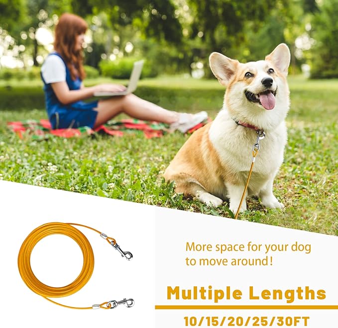 Dog Tie Out Cable 10/15/20/25/30 FT Runner for Yard Steel Wire Cable with Durable Superior Clips Yellow Chains for Outside Dog Lead for Large Up to 165 Lbs-PurrikoPets