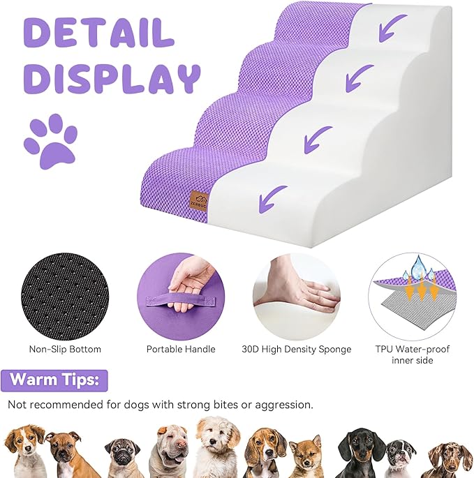 Dog Ramp and Stair for Bed 16" H-20 H,3-Step Cat Stair for Sofa and Chair,4-Step Dog Ramp for High Bed and Window,Durable Nonslip Fabric Cover for Indoor (Purple-20 H, Pet Friendly, 4)-PurrikoPets