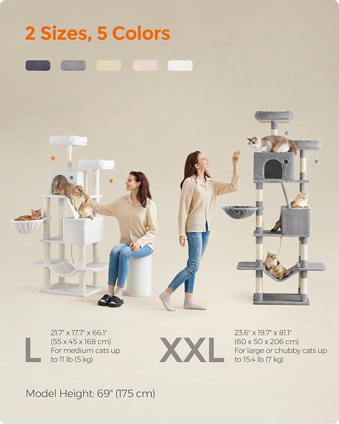 Feandrea Cat Tree, 66.1-Inch Large Cat Tower with 13 Scratching Posts, 2 Perches, 2 Caves, Basket, Hammock, Pompoms, Multi-Level Plush Cat Condo for Indoor Cats, Cream White UPCT165T01-PurrikoPets