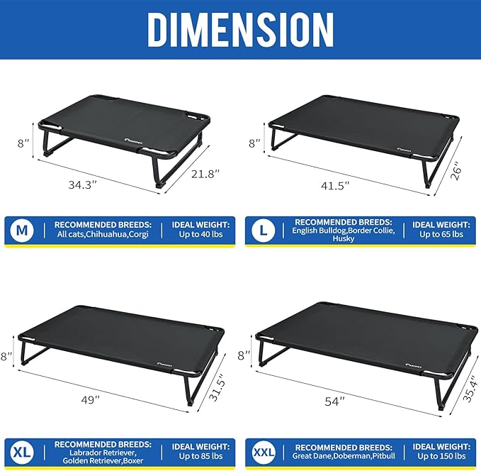 Elevated Dog Beds, Extra Large Raised Dog Cots Outdoor Cooling Dog Bed Waterproof Stable and Easy Assembly, Teslin Fabric with 1.2mm Thick Iron Frame, Breathable, Ultra-Sturdy，Black, 54*37*8.7-PurrikoPets