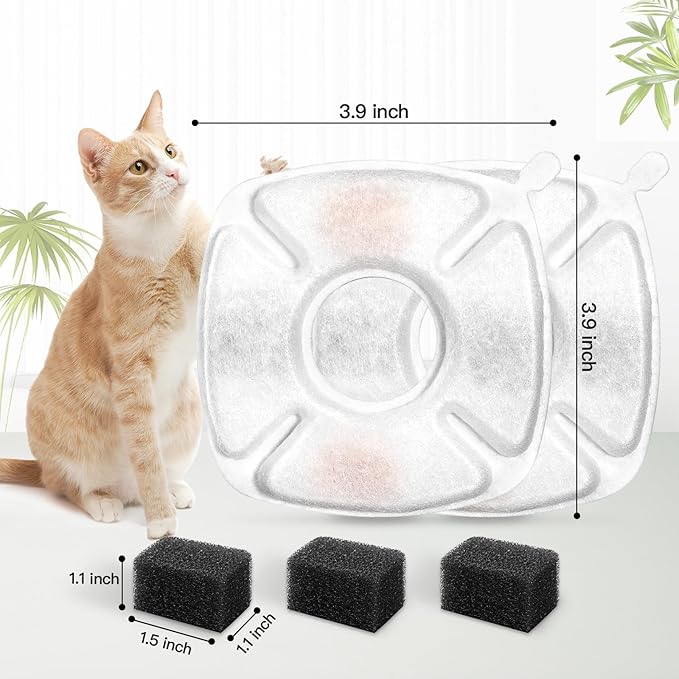 8 Pcs Cat Fountain Replacement Filters 4 Pack Cat Water Fountain Replacement Filters with 4 Pack Pre-Filter Sponges, Pet Fountain Filter Fit for 95oz/2.8L Automatic Pet Fountain Cat Water Fountain-PurrikoPets