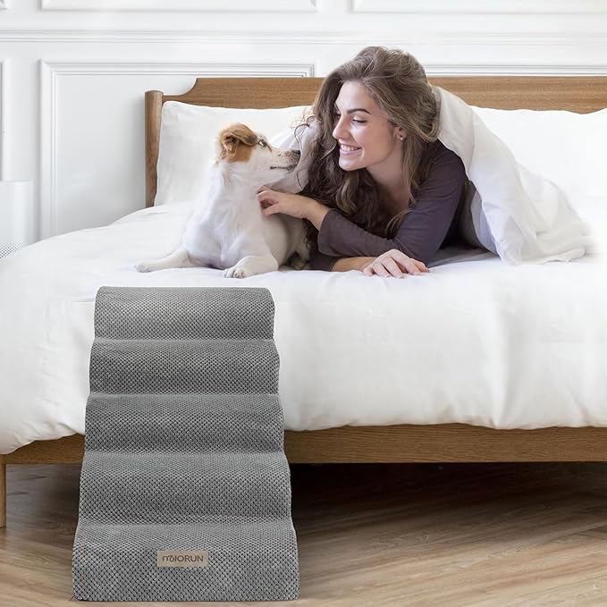 Dog Stairs for High Beds, Extra Tall 24.5" 5-Step Pet Steps for Medium & Small Dogs, Foam Ramp for Tall Couch & Bed, Washable Cover - Dog Steps for Bed-PurrikoPets