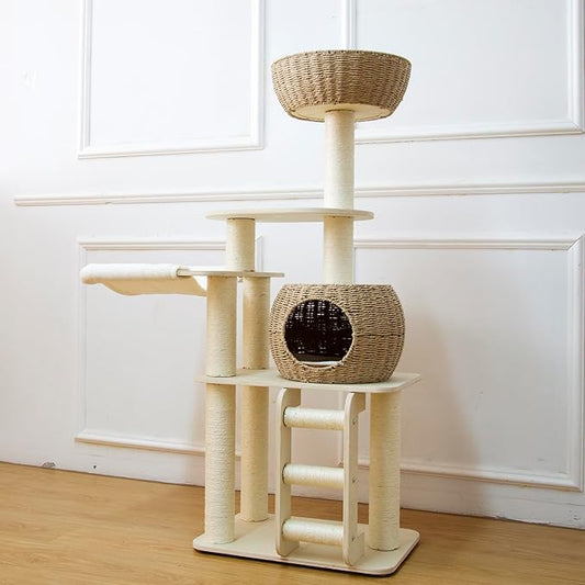 54 Inch Cat Tree for Indoor Cats, Tall Wooden Cat Tower with Scratching Posts, Rattan Condo and Perch, Multi-Level Cat Climber, Stylish Pet Furniture-PurrikoPets