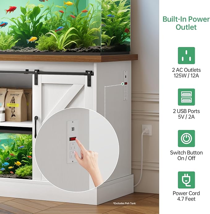 Fish Tank Stand Up to 75 Gallon, Aquarium Stand with Sliding Barn Doors & Power Outlet, White Farmhouse Style Stand with Cabinet Storage for Fish Tank, Turtle Tank, Reptile Terrarium,1000LBS Capacity-PurrikoPets
