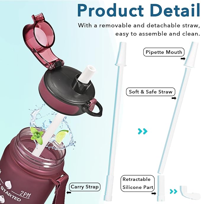 Enerbone Water Bottle, Leakproof BPA & Toxic Free, Motivational Water Bottle with Times to Drink and Straw, Fitness Sports Water Bottle with Strap for Office, Gym, Outdoor Sports-PurrikoPets