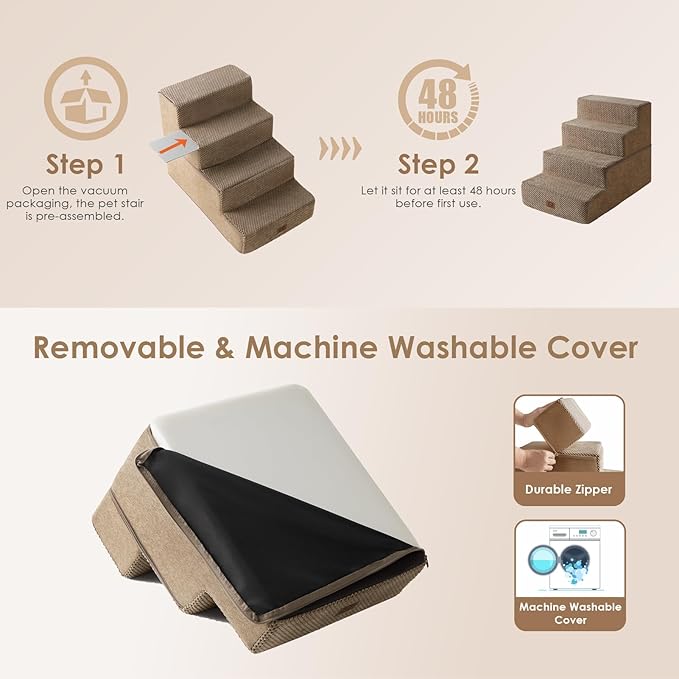EHEYCIGA Dog Stairs for Bed 18" H, 4-Step Dog Steps for High Bed, Pet Steps for Small Dogs and Cats, Non-Slip Balanced Pet Ramp Indoor, Camel-PurrikoPets