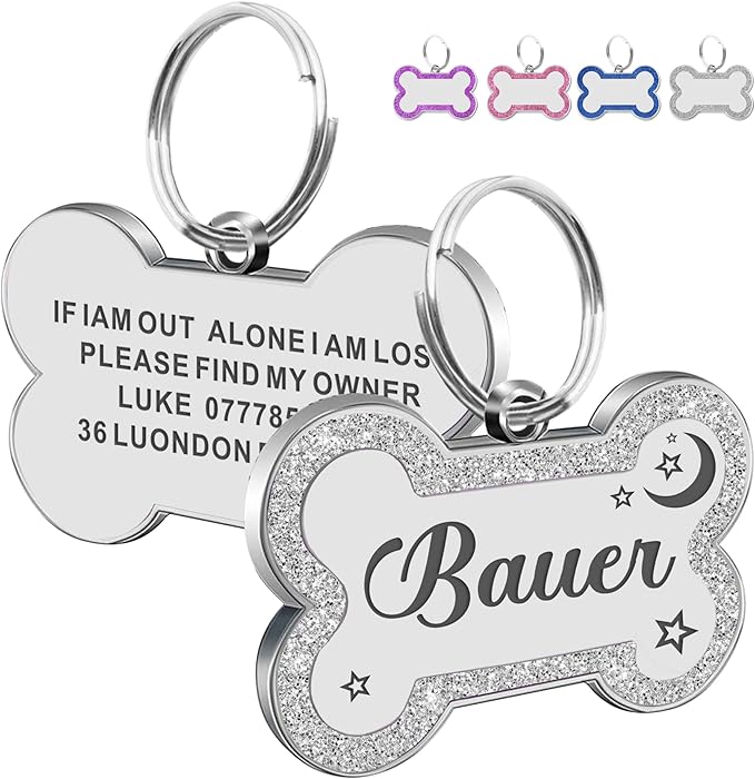 Dog Tags Personalized for Pets Dog Name Tags Personalized Dog Tag Engraved with Any Name & Text Custom Dog ID Tags Glitter Bone ID Tag for Puppy Cat (Silver L, Bone)-PurrikoPets