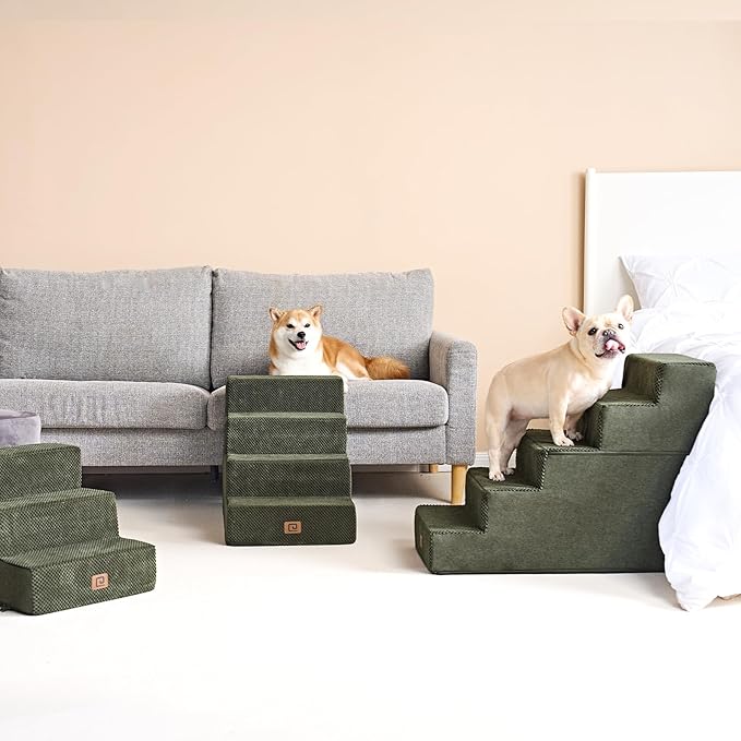 EHEYCIGA Dog Stairs for High Bed 22.5" H, 5-Step Dog Steps for Bed, Pet Steps for Small Dogs and Cats, Non-Slip Balanced Pet Ramp Indoor, Olive Green-PurrikoPets