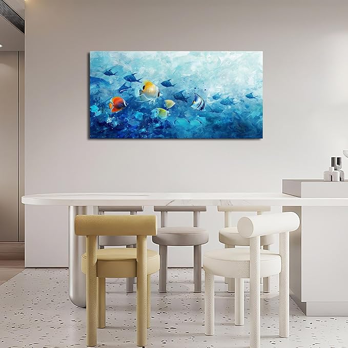 Extra Large Wall Art Tropical Fish Canvas Living Room Pictures Framed Prints Ocean Blue Oversize Wall Decor Animal Painting Artwork for Bedroom Dining Office Home 60"x30"-PurrikoPets
