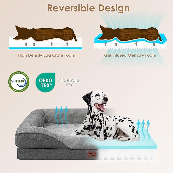 EHEYCIGA Memory Foam Dog Bed for Large Sized, Orthopedic Dog Sofa with Sides and Waterproof Liner, Washable Bolster Pet Couch with Removable Cover, 41x27x7.5 Inch, Grey-PurrikoPets