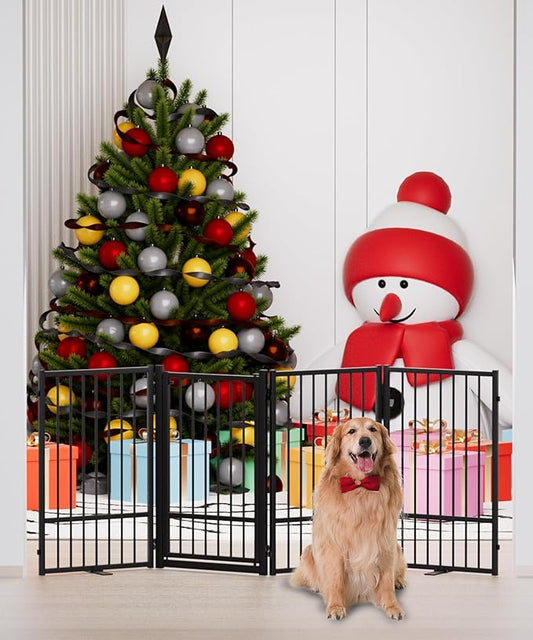 Full Metal Freestanding Dog Gate with Door, 32''Height Foldable Pet Dog Fence for Indoor & Outdoor, 4 Panels Extra Wide Free Standing TallDog Gates for Doorways,House,Stairs,Porch,Deck,Yard-PurrikoPets