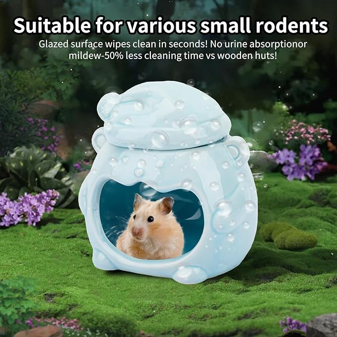 3-in-1 Bear Shaped Ceramic Hamster House - Cool House for Syrian Dwarf Hamsters, Mice, Gerbils， Small Pets, Top for Hamster Food, Removable Lid for Ice Packs, Cute Cool Hideout for Summer（Blue）-PurrikoPets