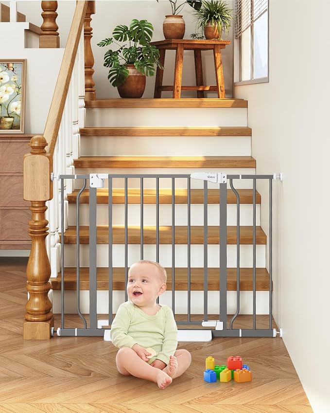 29"-40" Baby Gate for Stairs, Auto Close Stroller Friendly Dog Gate Indoor for Doorways, Pressure Mounted Baby Gate, Easy Walk Through Gate for Children & Pets, Grey-PurrikoPets
