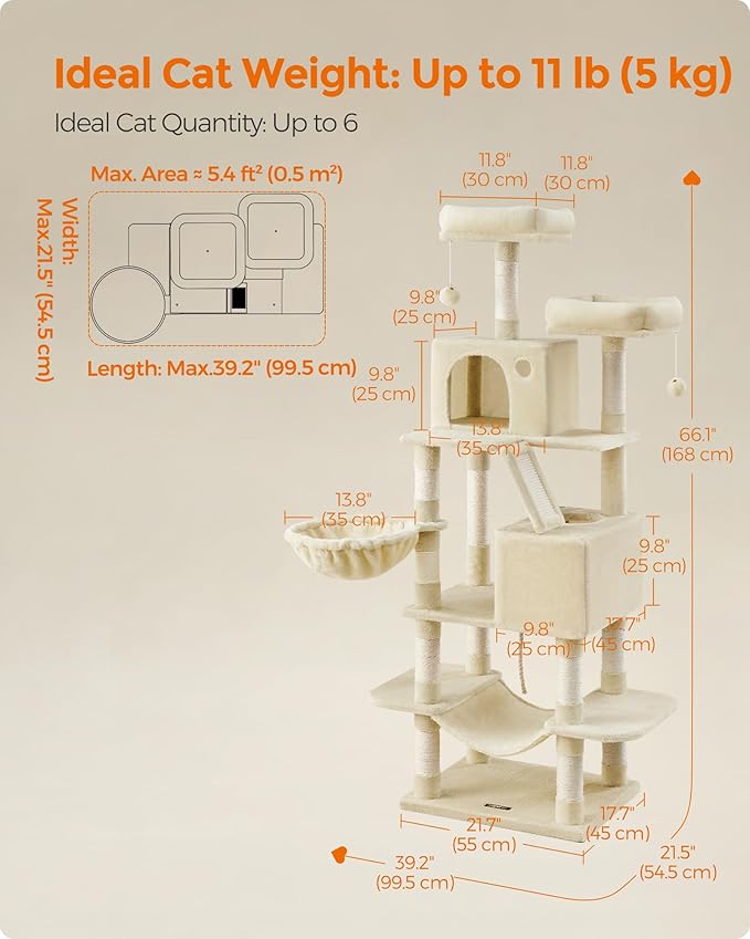 Feandrea Cat Tree, 66.1-Inch Large Cat Tower with 13 Scratching Posts, 2 Perches, 2 Caves, Basket, Hammock, Pompoms, Multi-Level Plush Cat Condo for Indoor Cats, Beige UPCT165M01-PurrikoPets
