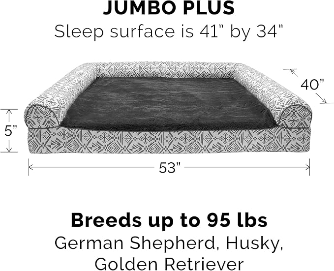 Furhaven Orthopedic Dog Bed for Large Dogs w/ Removable Bolsters & Washable Cover, For Dogs Up to 125 lbs - Plush & Southwest Kilim Woven Decor Sofa - Boulder Gray, Jumbo Plus/XXL-PurrikoPets