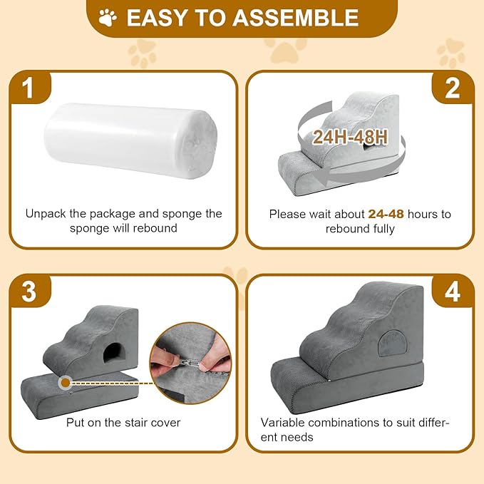 Dog Stairs for Small Dogs 19.7" H, 4-Step Dog Steps for High Bed, High-Density Foam Curved Pet Stairs with Non-Slip Removable Washable Cover to Get on Bed-PurrikoPets