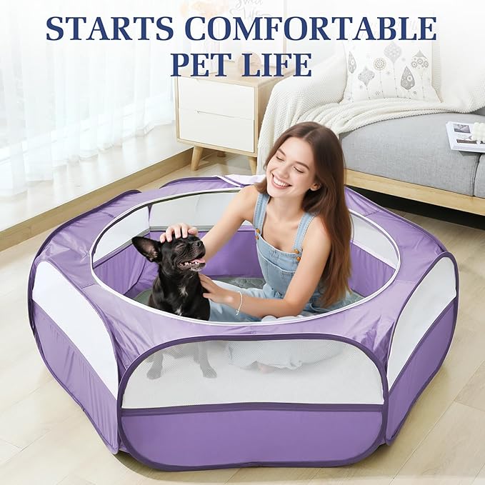 2-in-1 Small Animals Playpen with Pad, Waterproof Small Pet Cage Tent with Reusable Pad, Portable Outdoor Yard Fence with 3 Metal Rod for Chick/Kitten/Puppy/Guinea Pig/Rabbits/Chinchillas, Purple-PurrikoPets
