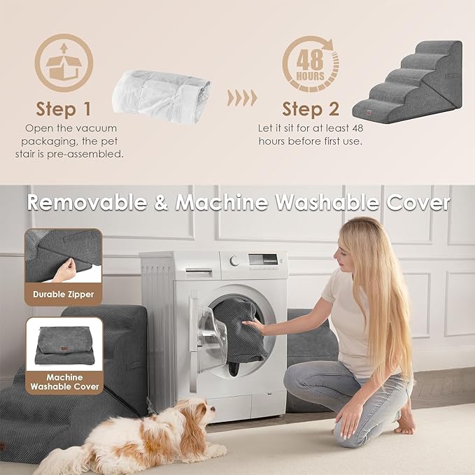 EHEYCIGA Curved Foldable Dog Stairs Ramp for High Beds 22.5" H, 5-Step Dog Steps for Small Dogs and Cats, Pet Stairs for High Bed Climbing, Non-Slip Balanced Pet Step Indoor, Grey-PurrikoPets