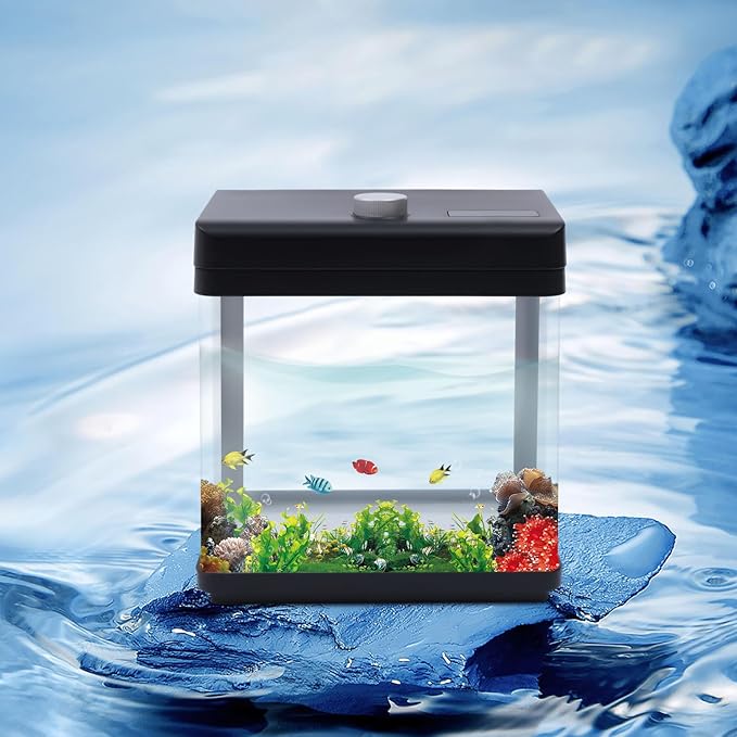 1.5 Gallon Fish Tank Starter Kits, Low Noise Betta Fish Tank with Fil-TER LED Light Submersible Pu-mp, Glass Small Fish Tank Smart Aquarium kit with Dimmer Button Water Temperature Display-PurrikoPets