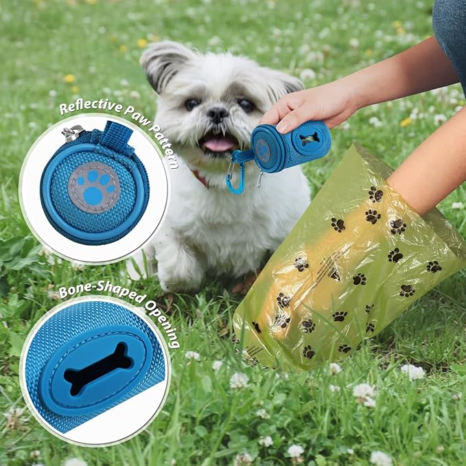 Dog Poop Bag Holder for Leash Doggie Waste Bag Dispenser Soft Fabric Puppy Potty Carrier Small Doggy Zipper Pouch with Carabiner Clip 1680D Nylon Oxford with 1 Roll of Pet Trash Bags, Sky Blue-PurrikoPets