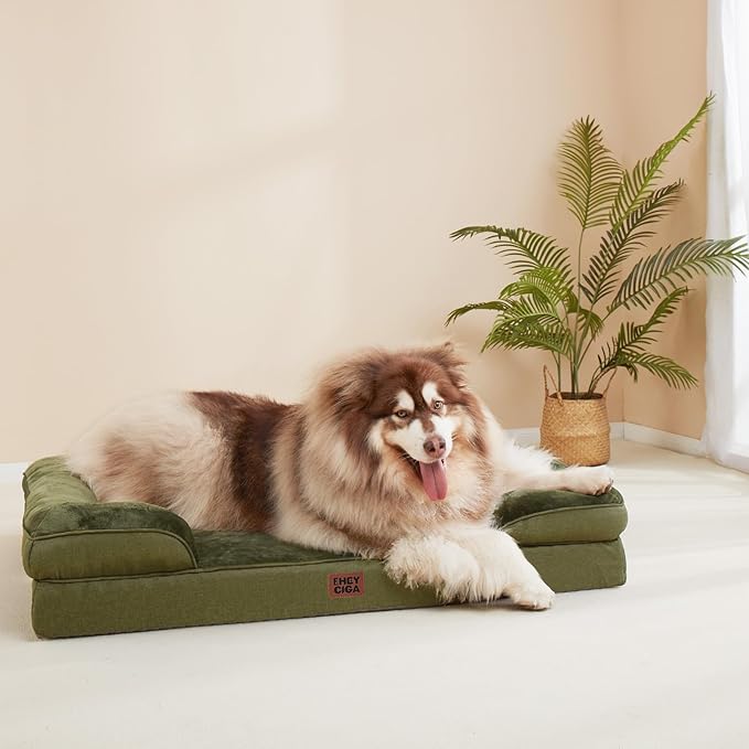 EHEYCIGA Orthopedic XXL Dog Bed for Extra Large Dogs, Waterproof Memory Foam Couch Bed with Sides, Non-Slip Bottom, Washable Removable Cover,Olive Green-PurrikoPets