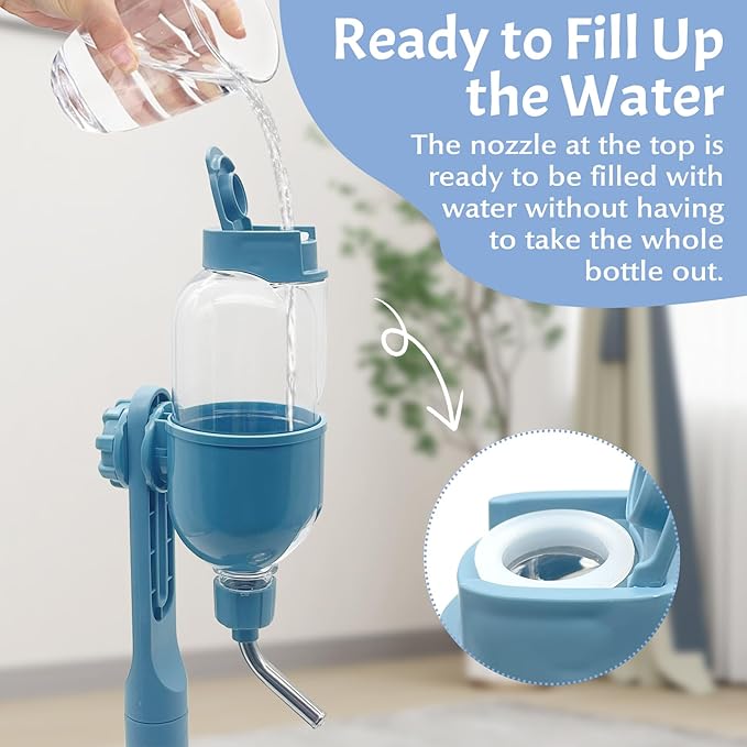 Fhiny Dog Water Feeder Bottle with Stand, Dispenser Automatic Water Food Bowl for Cage No-Drip Leak-Proof Adjustable Raised Pet Slow Water Bottle Dog Kennel Durable Drinker (Blue, 17oz)-PurrikoPets