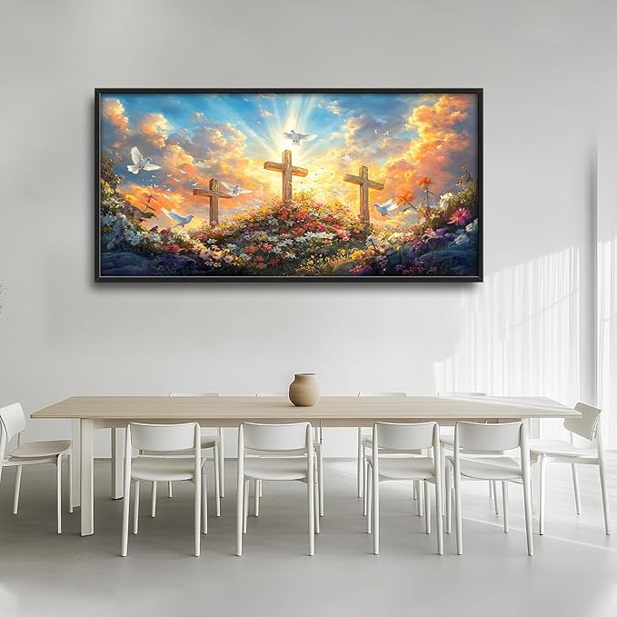 Framed Large Christian Jesus Wall Art, Oversized Floral Dove Wall Decor for Living Room, Landscape Canvas Painting Peaceful Pictures Modern Artwork for Living Room Bedroom Office 60"x30"-PurrikoPets