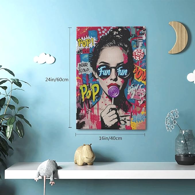 Fashion Women Wall Art Glam Modern Artwork for Girls Banksy Street Graffiti Pop Art Canvas Pictures Painting Print Framed Decorations Gifts for Bedroom Living Room Office 16"x24"-PurrikoPets