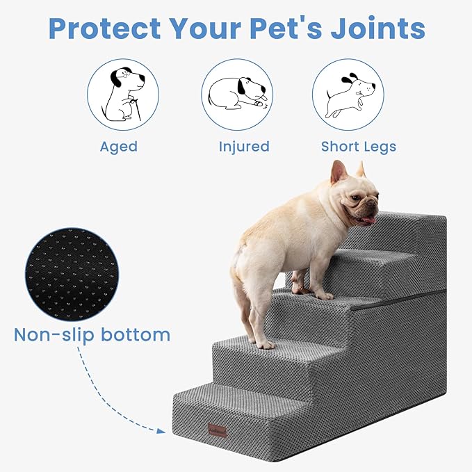 Dog Stairs for High Bed 22.6" H,5-Step Dog Steps for Small Dogs and Cats,Indoor Non-Slip Balanced Pet Stairs are Suitable for Puppy,Older Cat,Grey-PurrikoPets