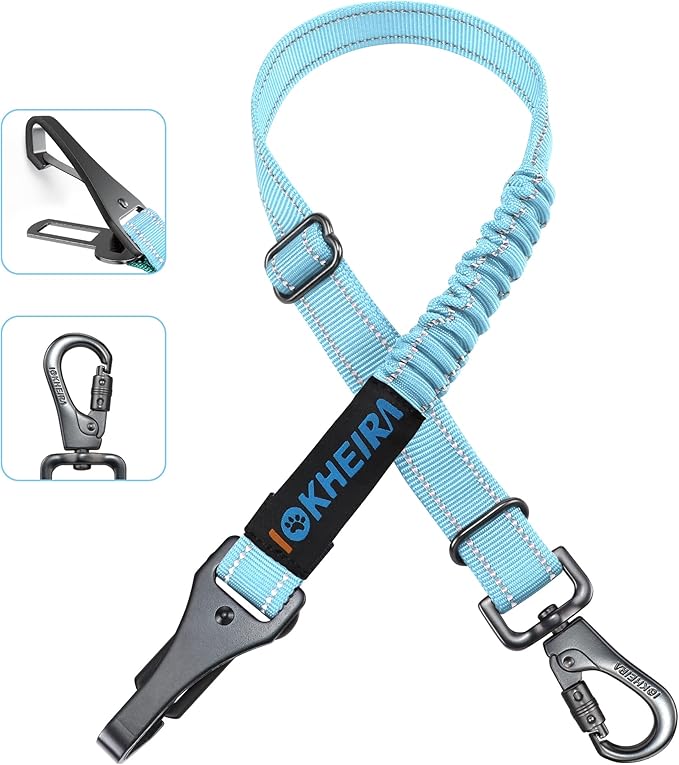 Dog Seat Belt 3-in-1 Car Harness for Dogs Adjustable Safety Seatbelt for Car Nylon Reflective Bungee Fabric Dog Car Harness with Clip Hook Latch & Buckle, Swivel Zinc Alloy Carabiner (Light Blue)-PurrikoPets