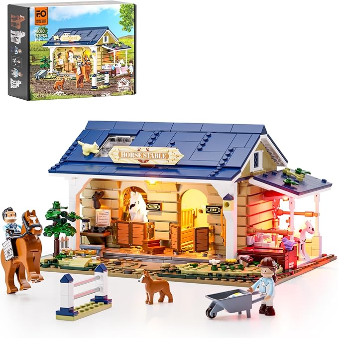 FUNWHOLE Farm Horse-Stable Lighting-Building-Bricks Set - Farm Life Horse Animals Cabin Collection LED Light Cottage Model Display Set 973 Pcs for Adults and Teen-PurrikoPets