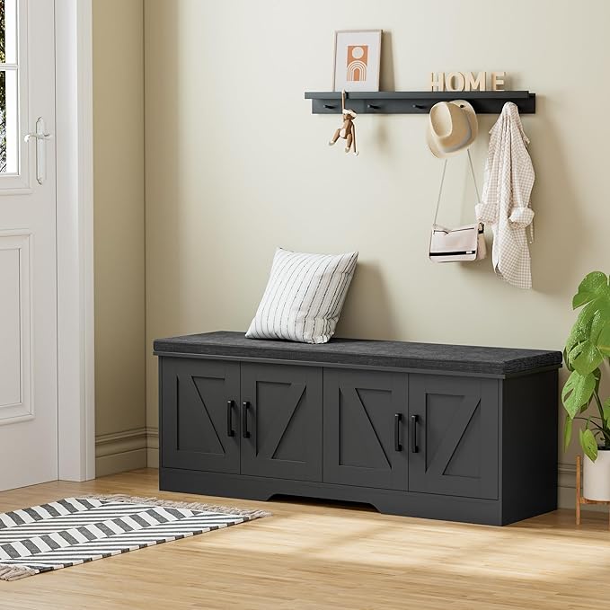 2-Tier Storage Bench, Shoe Bench with Padded Seat Cushion, Entryway Bench with 4 Barn Doors, Adjustable Shelf, 13.8" D x 47.2" W x 17.7" H, for Entryway, Living Room, Bedroom, Black-PurrikoPets