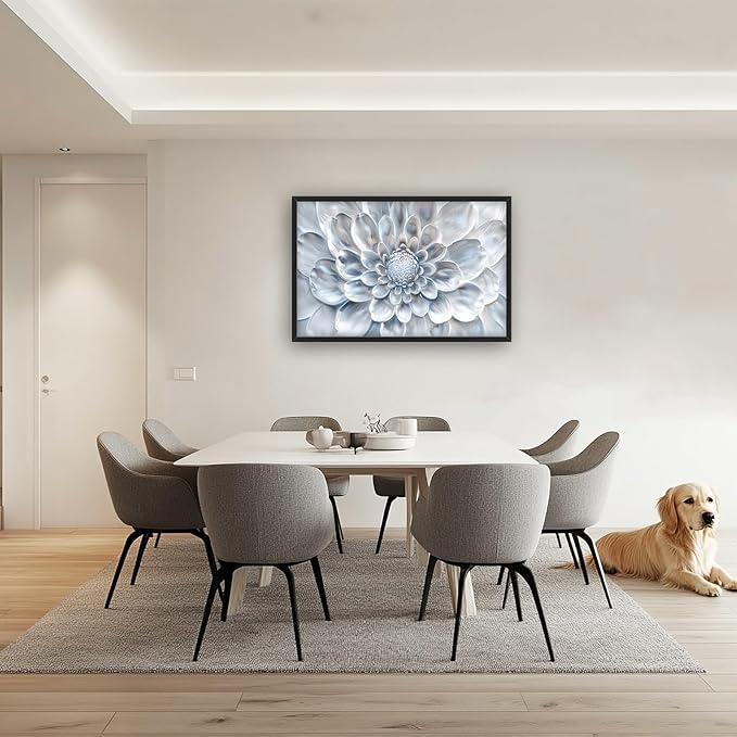 Abstract Flower Large Wall Art White Silver Floral Pictures Wall Decor Neutral Canvas Print Painting Artwork for Bathroom Living Room Bedroom 36L" x 24W"-PurrikoPets