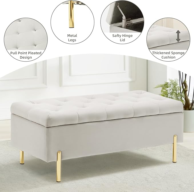45.6 Inch Velvet Storage Bench Upholstered Tufted Settee Ottoman Bench with Storage, Bed End Bench with Soft Close Lid, for Bedroom, Living Room, Entryway, Rectangular Accent Bench, Beige-PurrikoPets