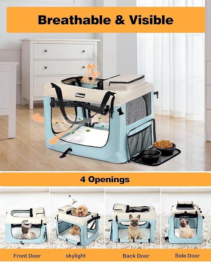 Extra Large Dog Crate with 2 Foldable Bowl, 40 Inch Collapsible Travel Dog Crate Kennel with Soft Blanket for Medium Dogs,Indoor & Outdoor (40" L x 27" W x 27" H, Blue)-PurrikoPets