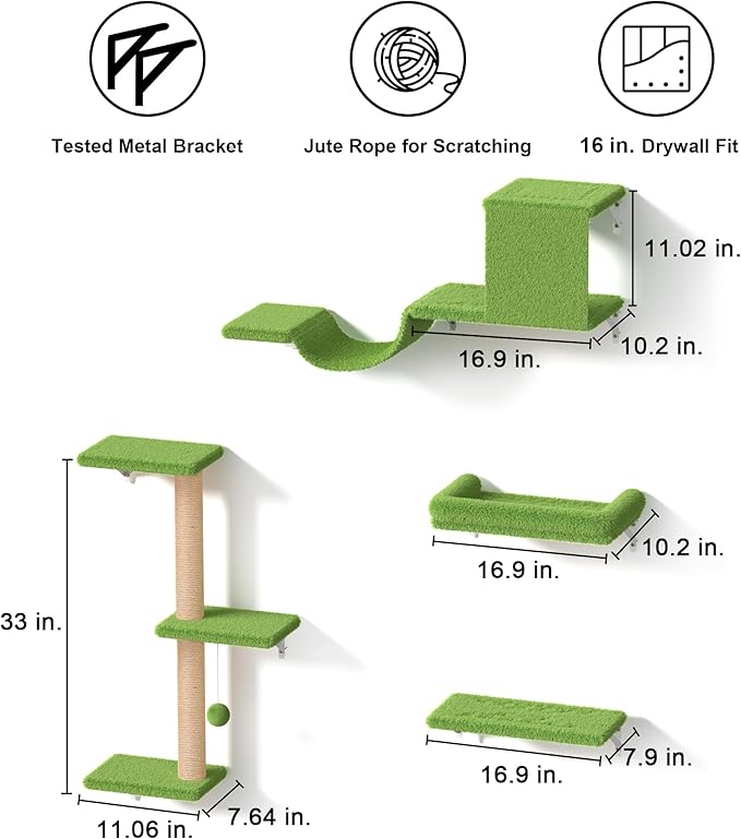 FUKUMARU Cat Wall Shelves, Stable & Safe 4 in 1 Cat Furniture Set, Wooden Climbing Wall with Scratching Post, Bridge and Bed, Stylish Jungle Gym for 16 Inch Drywall - Green-PurrikoPets