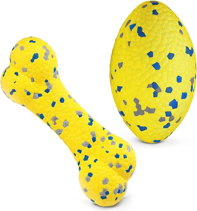 2Pcs Upgrade Bone Dog Balls+Rugby Dogs Toys for Aggressive Chewers, Indestructible Tennis Balls for Dogs (Yellow)-PurrikoPets