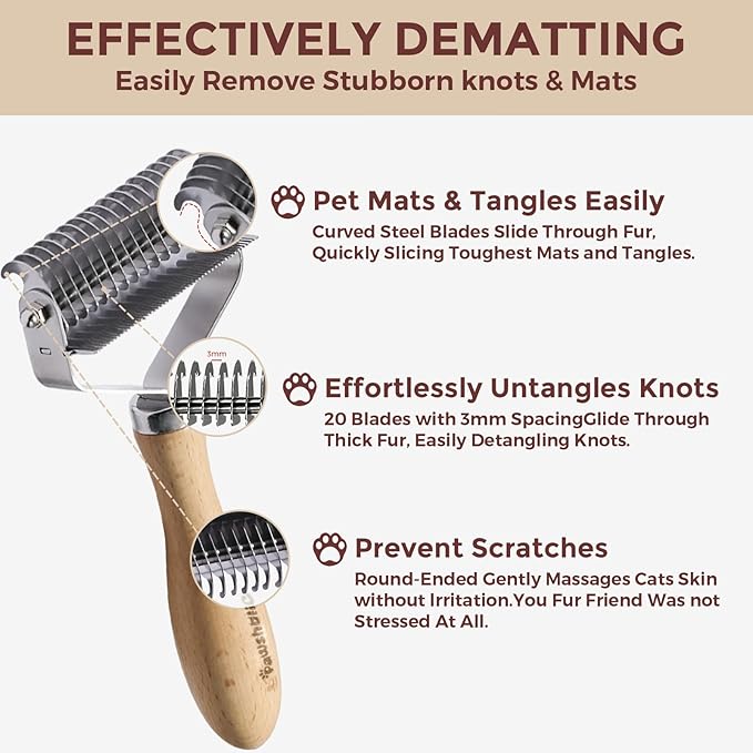 3-in-1 Professional Pet Shedding Dematting Comb - Deshedding Undercoat Rake for Dogs with Stainless Steel Blades Metal Pet Brush with Wood Handle Matted Hair Detangling Thinning and Shedding-PurrikoPets