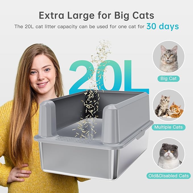 Enclosed Stainless Steel Cat Litter Box with Lid, XL Extra Large Litter Box for Big Cats, Metal Litter Pan High Sided, Never Absorbs Odors, Anti-Urine Leakage, Include Scoop (SH-Light Gray)-PurrikoPets