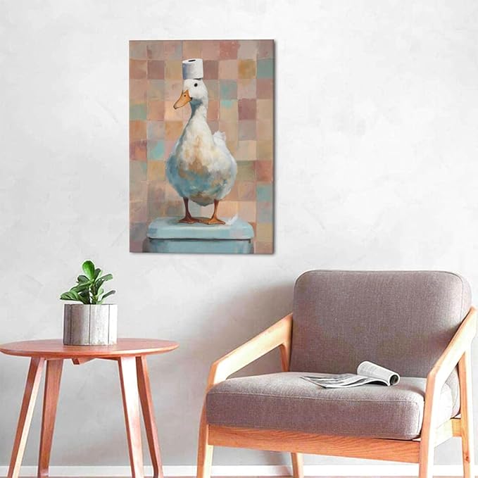 Funny Duck Bathroom Wall Art Cute Duck on Toilet Canvas Wall Decor Funny Quirky Farm Animal Pictures Painting Print Framed Artwork Decorations Gifts for Bathroom 16"x24"-PurrikoPets