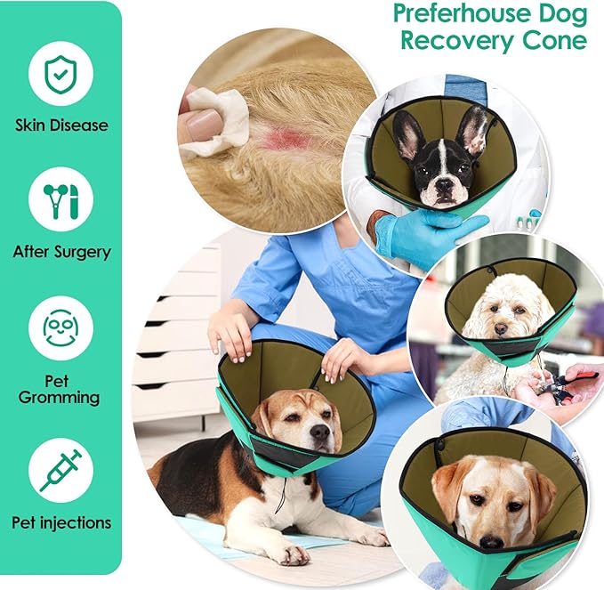Dog Recovery Collar Cone for Medium Dogs, Adjustable Dog Cone Alternative After Surgery for Dogs to Stop Licking, Breathable Soft Cone for Medium Large Dogs, Green M-PurrikoPets