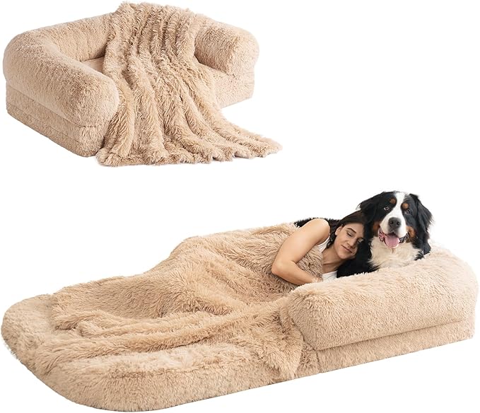 EHEYCIGA Foldable Human Dog Bed, Orthopedic Memory Foam Human Sized Dog Bed, Waterproof Pet Bed for People, Faux Fur Pet Couch for Adult, Camel, 72"x44"x11"-PurrikoPets