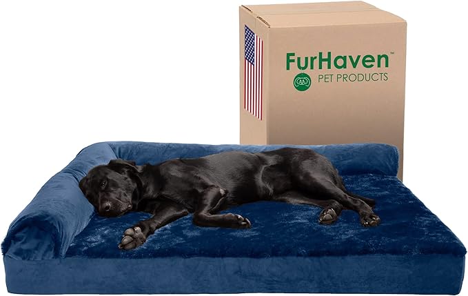 Furhaven Cooling Gel Dog Bed for Large Dogs w/ Removable Bolsters & Washable Cover, For Dogs Up to 125 lbs - Plush & Velvet L Shaped Chaise - Deep Sapphire, Jumbo Plus/XXL-PurrikoPets