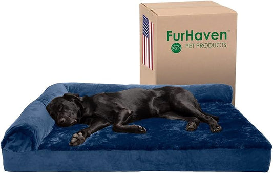 Furhaven Cooling Gel Dog Bed for Large Dogs w/ Removable Bolsters & Washable Cover, For Dogs Up to 125 lbs - Plush & Velvet L Shaped Chaise - Deep Sapphire, Jumbo Plus/XXL-PurrikoPets
