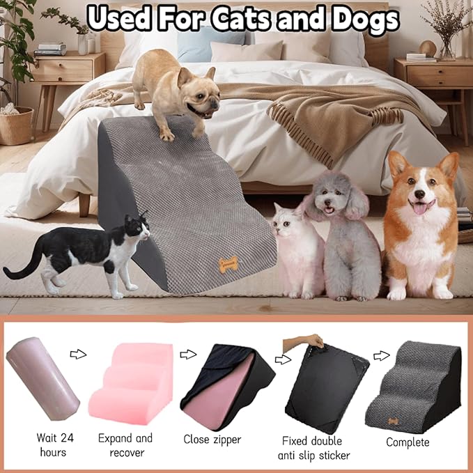 Dog Stairs to high beds, 3-step dog stairs for dogs to get on bed couch high 16"-20 inch, dog pet stairs for small large dogs cats climbing to bed, Non-Slip balanced doggy Grey (23.7*15.8*15.8 IN 33D)-PurrikoPets