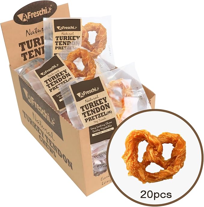 Afreschi Turkey Tendon for Dogs, Dog Treats for Signature Series, All Natural Human Grade Puppy Chew, Rawhide Alternative, 20 Units/Box Pretzel (Medium)-PurrikoPets