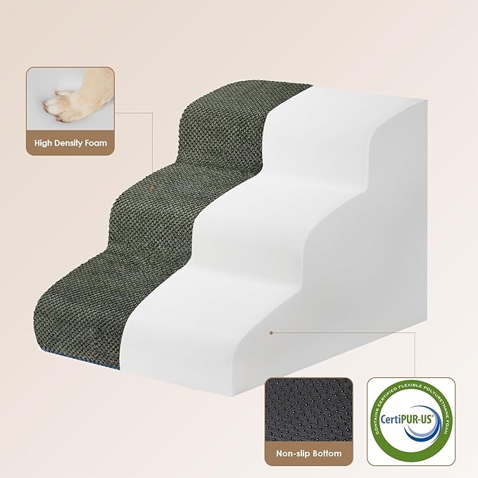 EHEYCIGA Curved Dog Stairs Ramp for Small Dogs 15.7" H, 3-Step Dog Steps for Couch Sofa and Chair, Pet Stairs for Cats, Non-Slip Balanced Pet Steps Indoor, Olive Green-PurrikoPets