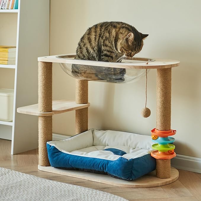 2 Tier Cat Tower,21.85 in cat Perch Wood cat condo with Hammock and Sisal Rope Scratcher Post Hanging Toy Balls for Indoor Large Cats Kittens (Blue)-PurrikoPets